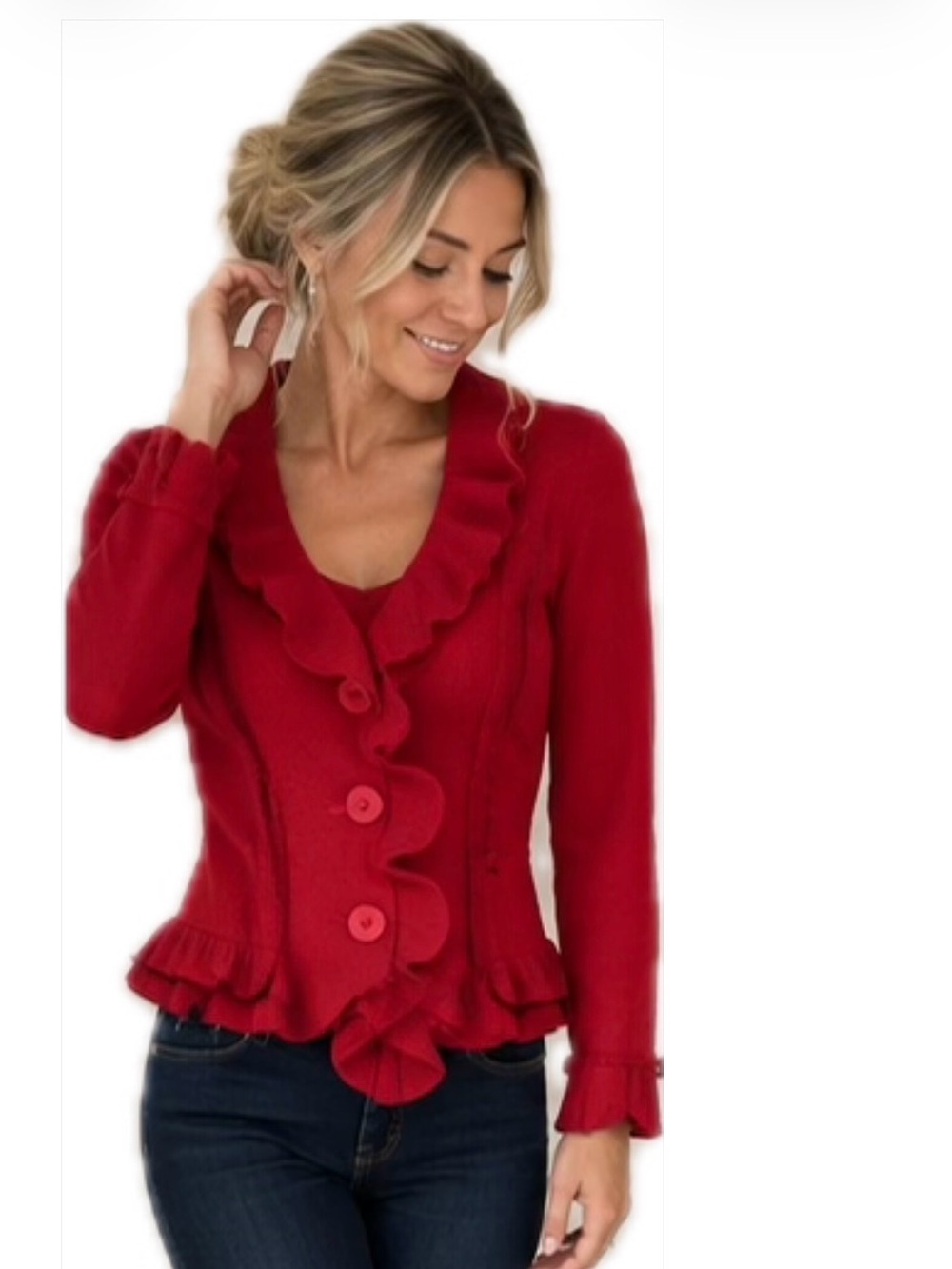 Ruby Rd Red 100% Wool Ruffle Cardigan Jacket M - Picture 1 of 7